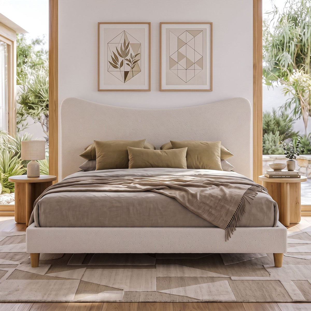 TWSC King Bed Frame with Boucle Headboard, Beige, 300kg Capacity
