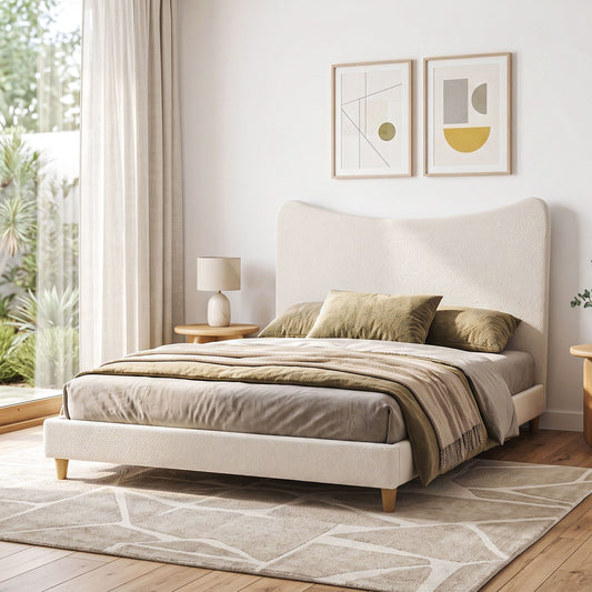 TWSC Queen Bed Frame with Boucle Headboard, Beige, 300kg Capacity