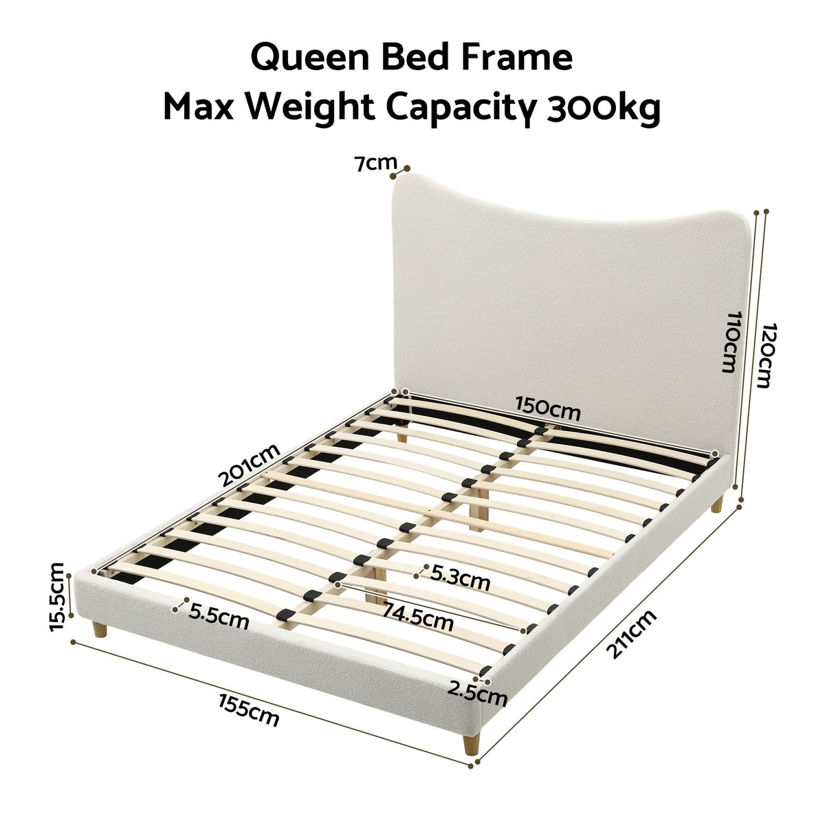 TWSC Queen Bed Frame with Boucle Headboard, Beige, 300kg Capacity