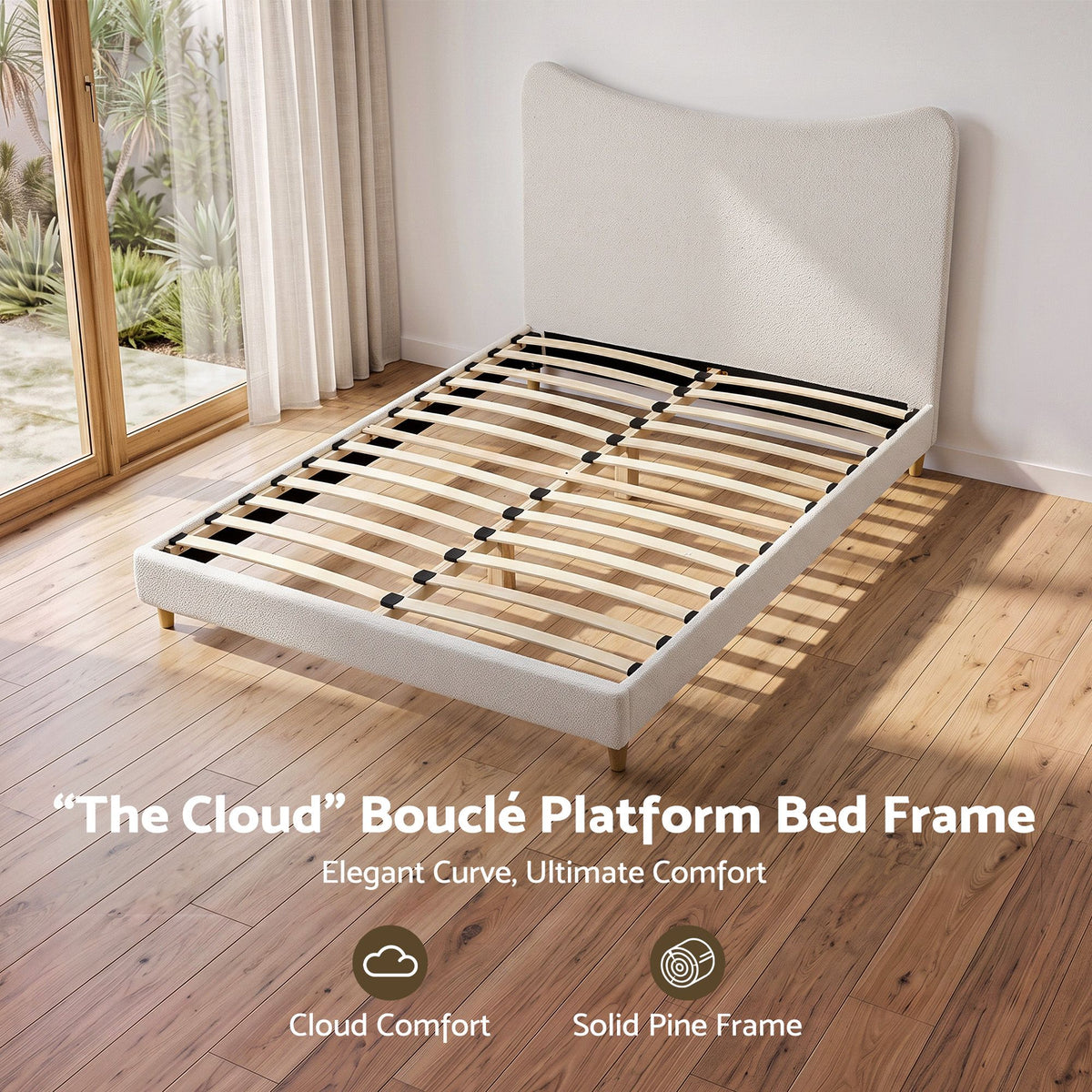 TWSC Queen Bed Frame with Boucle Headboard, Beige, 300kg Capacity