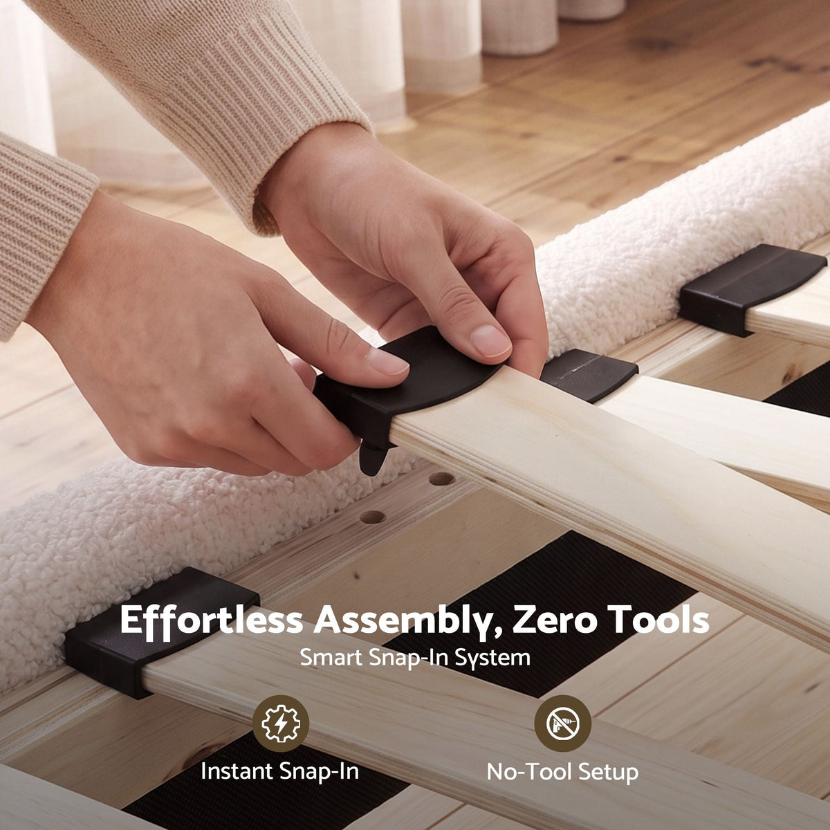 TWSC Queen Bed Frame with Boucle Headboard, Beige, 300kg Capacity