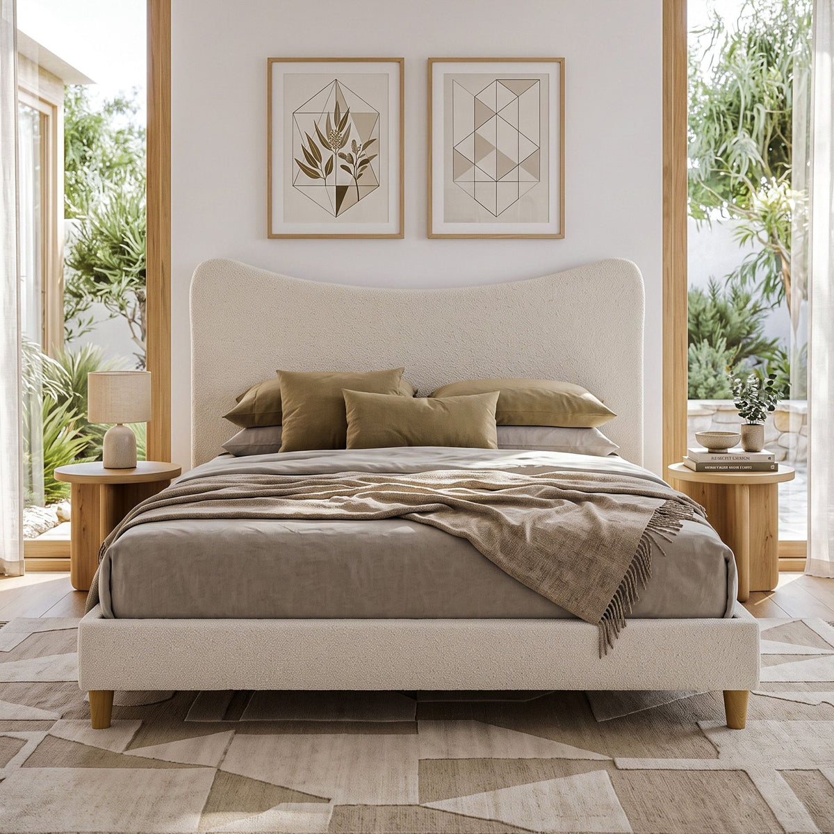 TWSC Queen Bed Frame with Boucle Headboard, Beige, 300kg Capacity