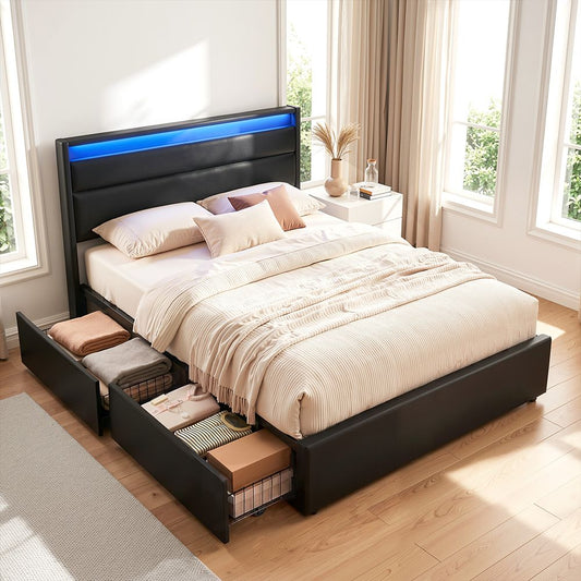 Dunn Bed Frame – LED Lighting, 4 Drawers, Double, Black PU Leather