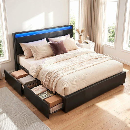 Dunn Bed Frame – LED Lighting, 4 Storage Drawers, Queen, Black PU Leather