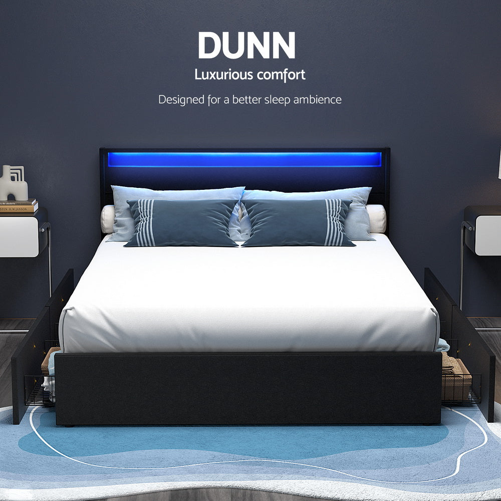 Artiss Bed Frame LED with 4 Drawers Black DUNN