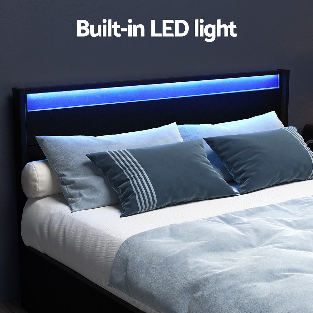 Artiss Bed Frame LED with 4 Drawers Black DUNN