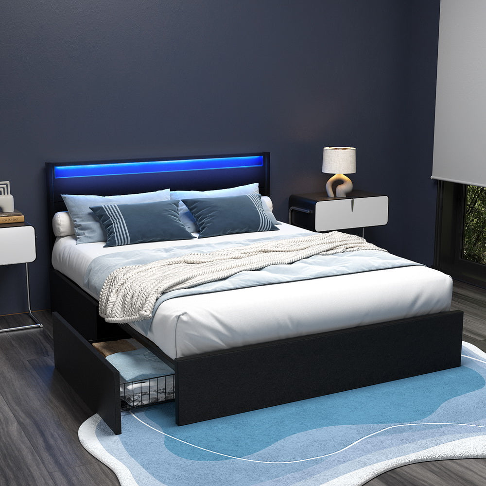 Artiss Bed Frame LED with 4 Drawers Black DUNN
