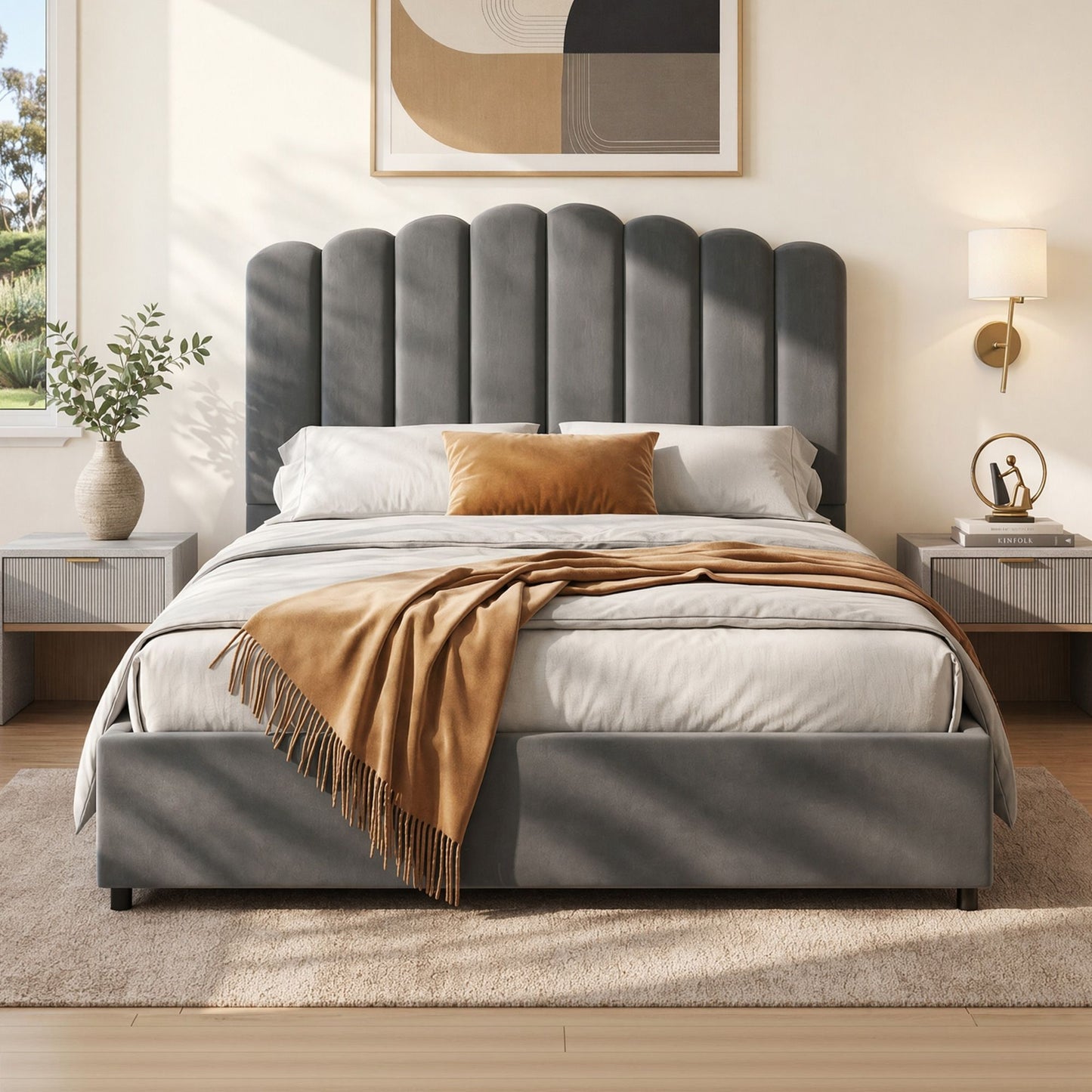Bed Frame Fion – Velvet Upholstery, Double, Grey