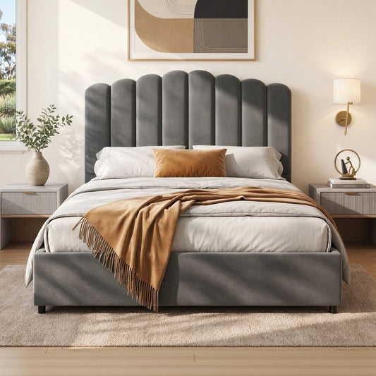 Bed Frame Fion – Velvet Upholstery, Double, Grey