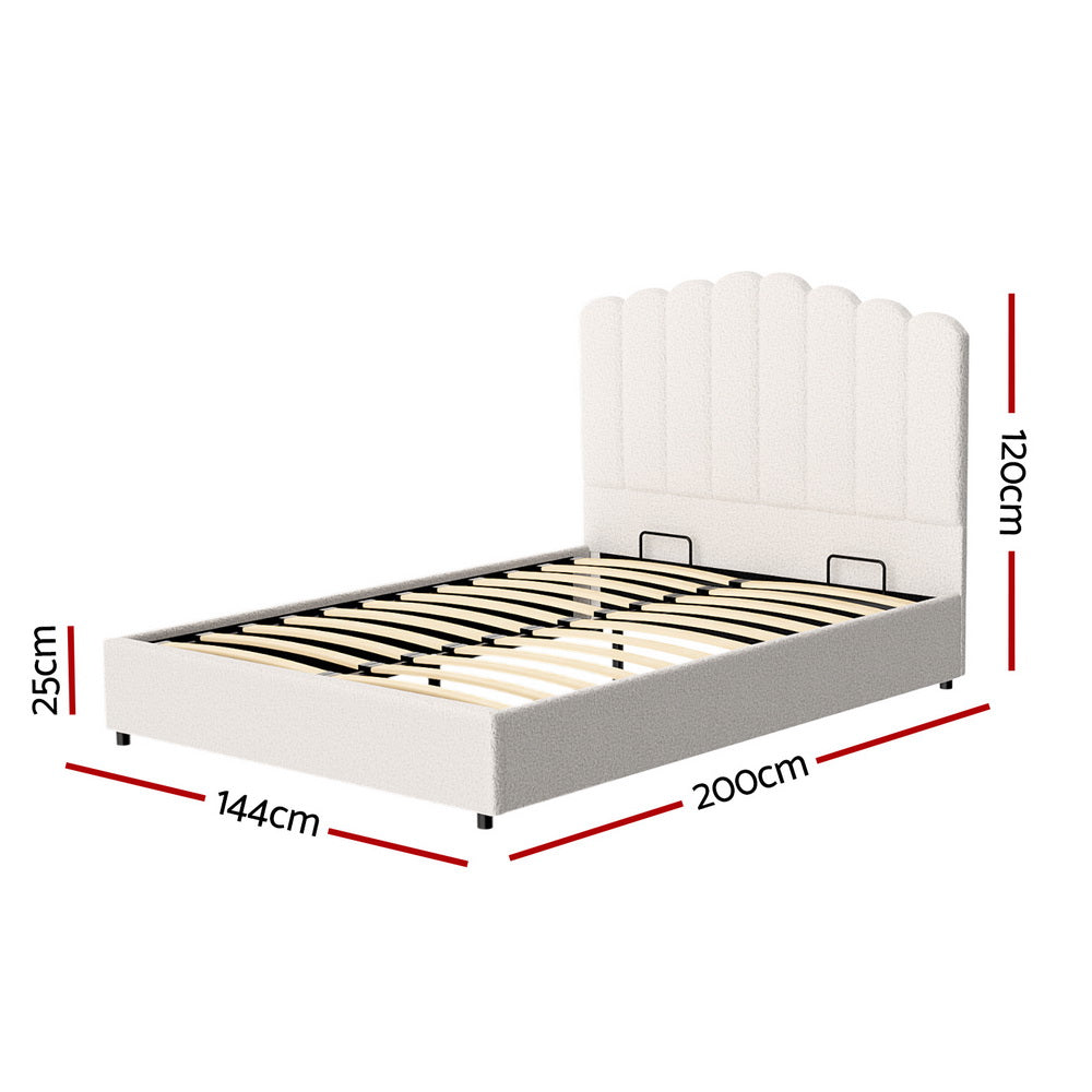 Bed Frame Fion – Boucle Upholstery, Double Size, Gas Lift Storage