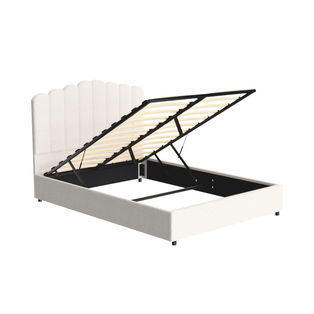 Bed Frame Fion – Boucle Upholstery, Double Size, Gas Lift Storage