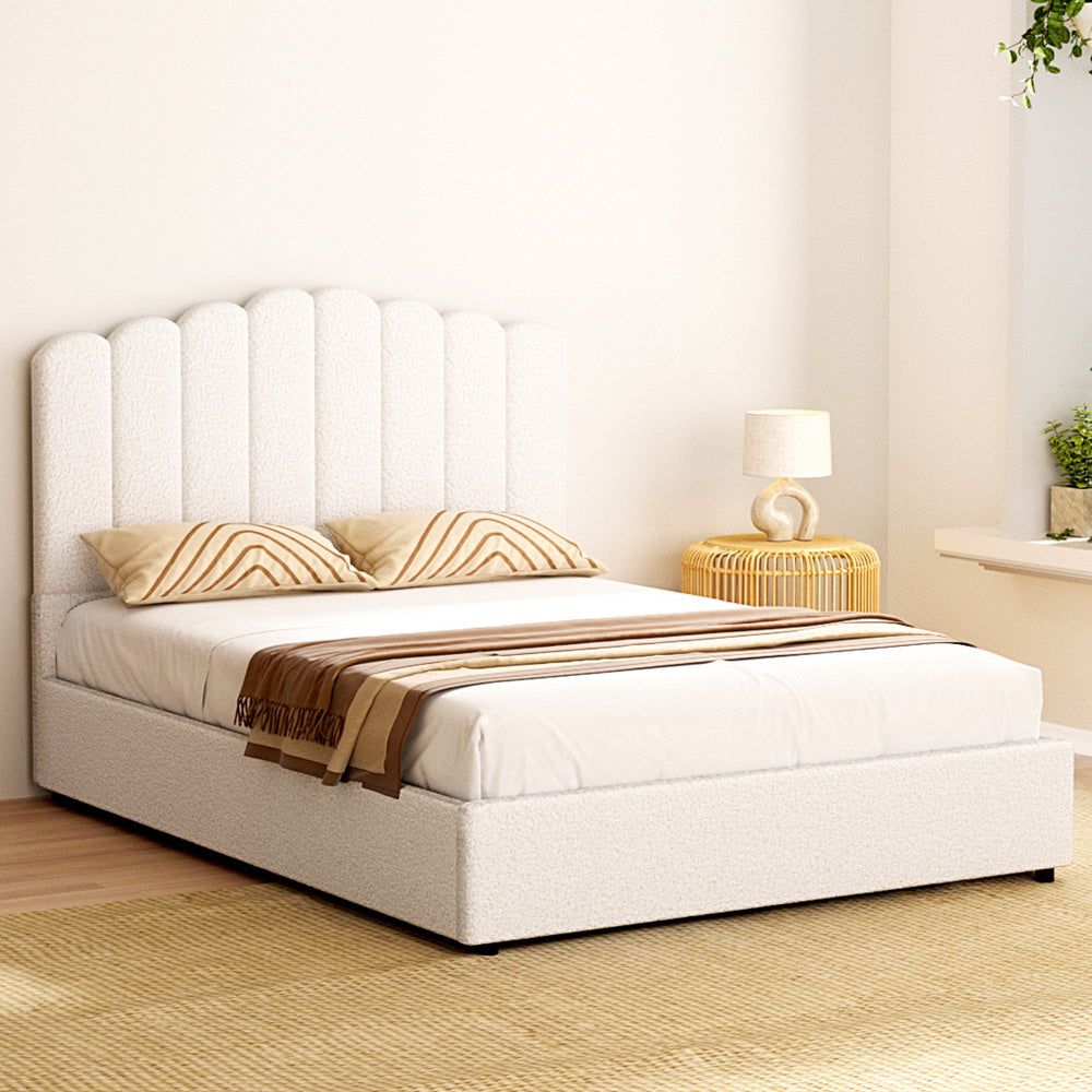 Bed Frame Fion – Boucle Upholstery, Double Size, Gas Lift Storage