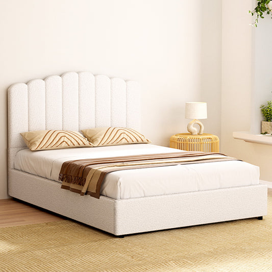Bed Frame Fion – Boucle Upholstery, Double Size, Gas Lift Storage