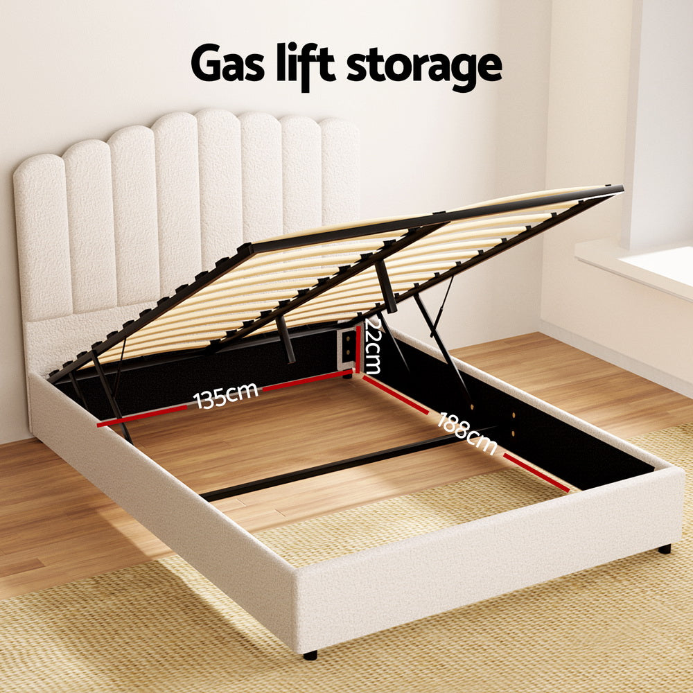 Bed Frame Fion – Boucle Upholstery, Double Size, Gas Lift Storage