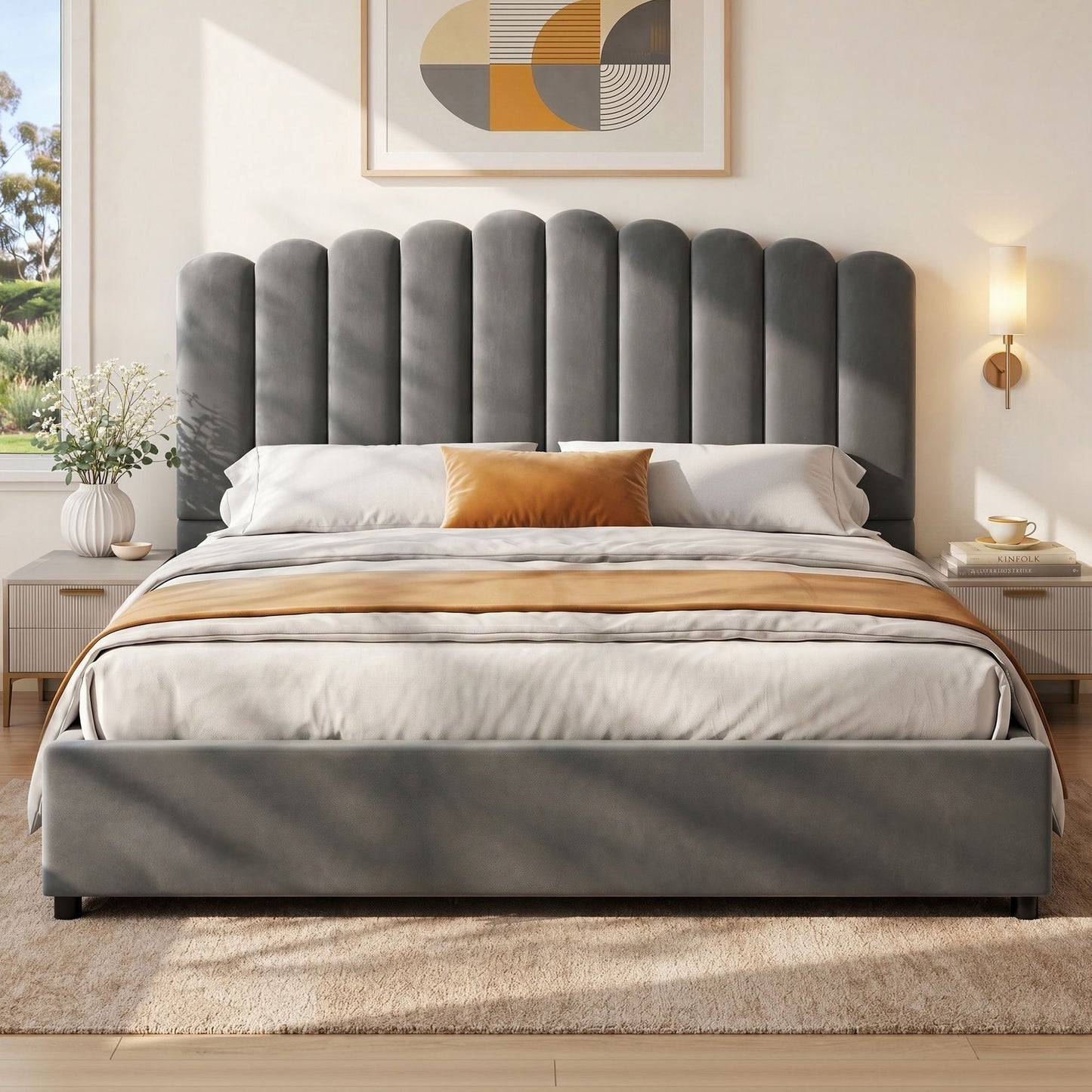 Bed Frame – Velvet Upholstery, Gas Lift Storage, King Size, Grey