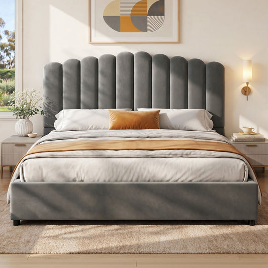 Grey king size velvet bed frame with gas lift storage from The Willow Stone Collective, featuring a stylish bedroom furniture design.