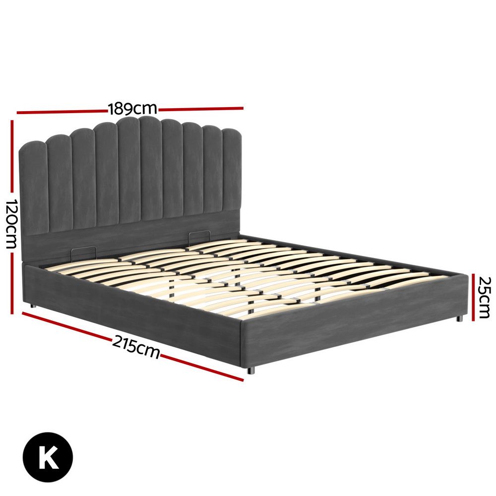 Bed Frame – Velvet Upholstery, Gas Lift Storage, King Size, Grey