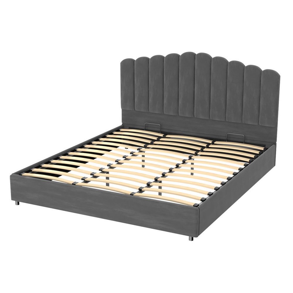 Bed Frame – Velvet Upholstery, Gas Lift Storage, King Size, Grey