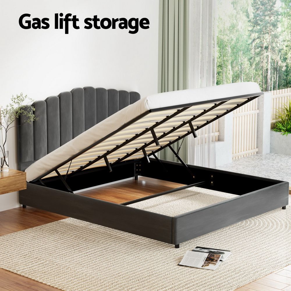 Bed Frame – Velvet Upholstery, Gas Lift Storage, King Size, Grey