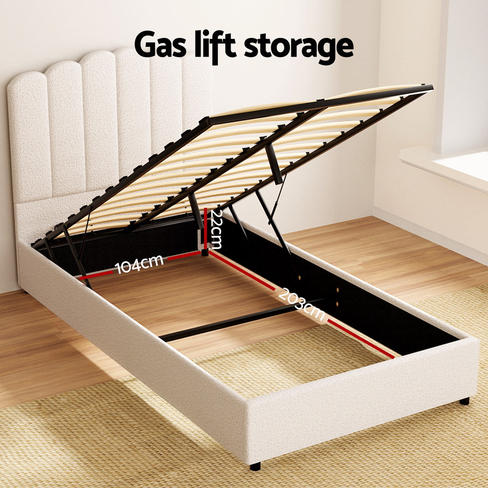 Fion Bed Frame – Boucle Upholstery, King Single with Storage