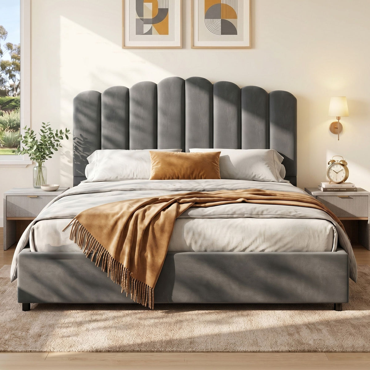 TWSC Bed Frame Queen Size Velvet Grey FION