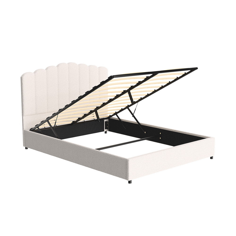 Fion Bed Frame – Boucle Upholstery, Queen Size, White