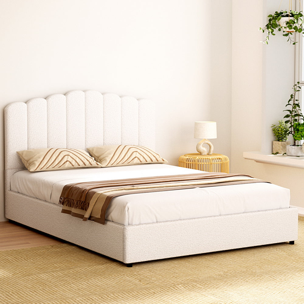 Fion Bed Frame – Boucle Upholstery, Queen Size, White