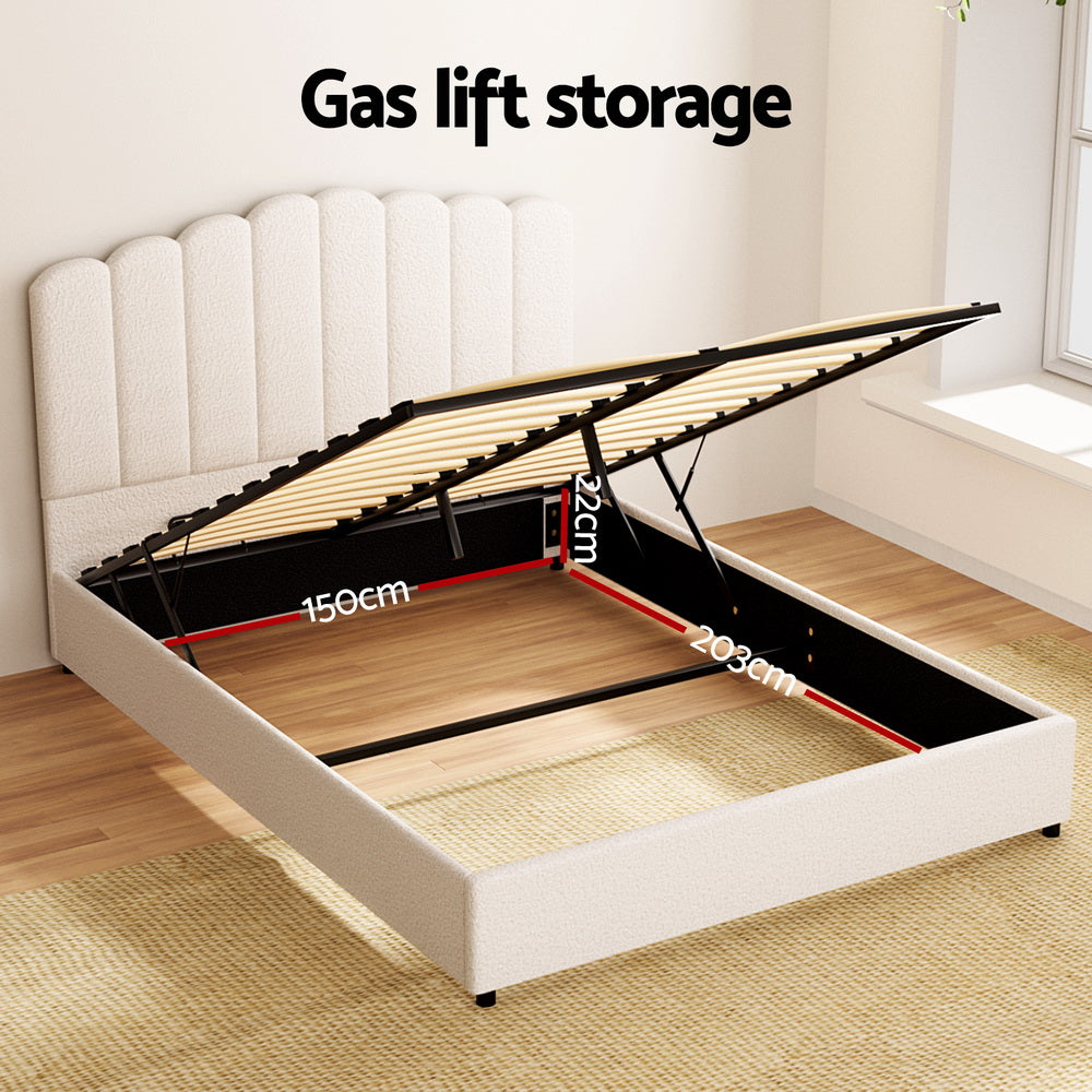 Fion Bed Frame – Boucle Upholstery, Queen Size, White