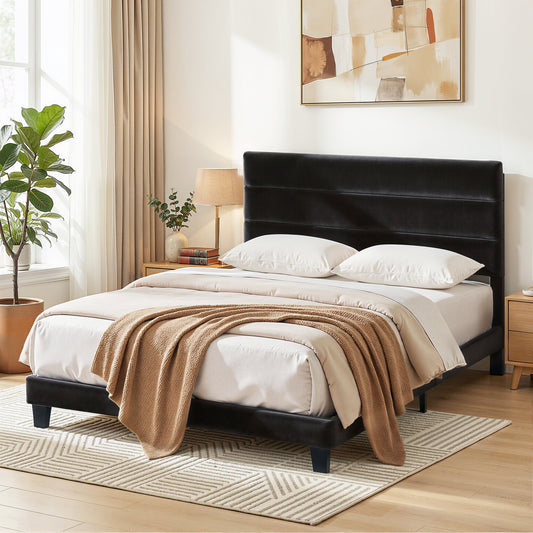 Double Bed Frame – Black Velvet Upholstered with Geometric Headboard