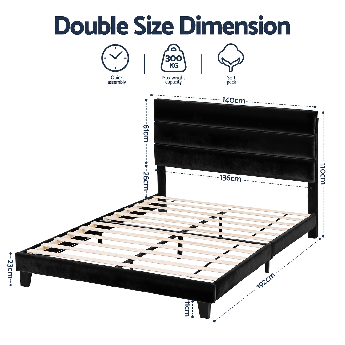 Double Bed Frame – Black Velvet Upholstered with Geometric Headboard