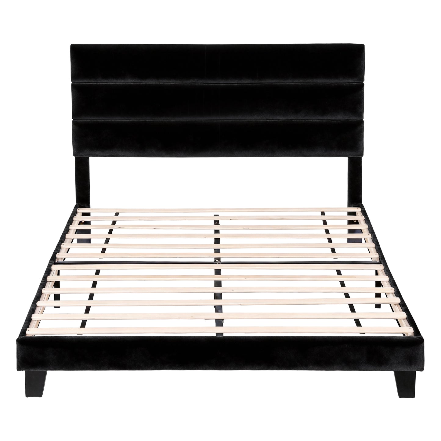 Double Bed Frame – Black Velvet Upholstered with Geometric Headboard