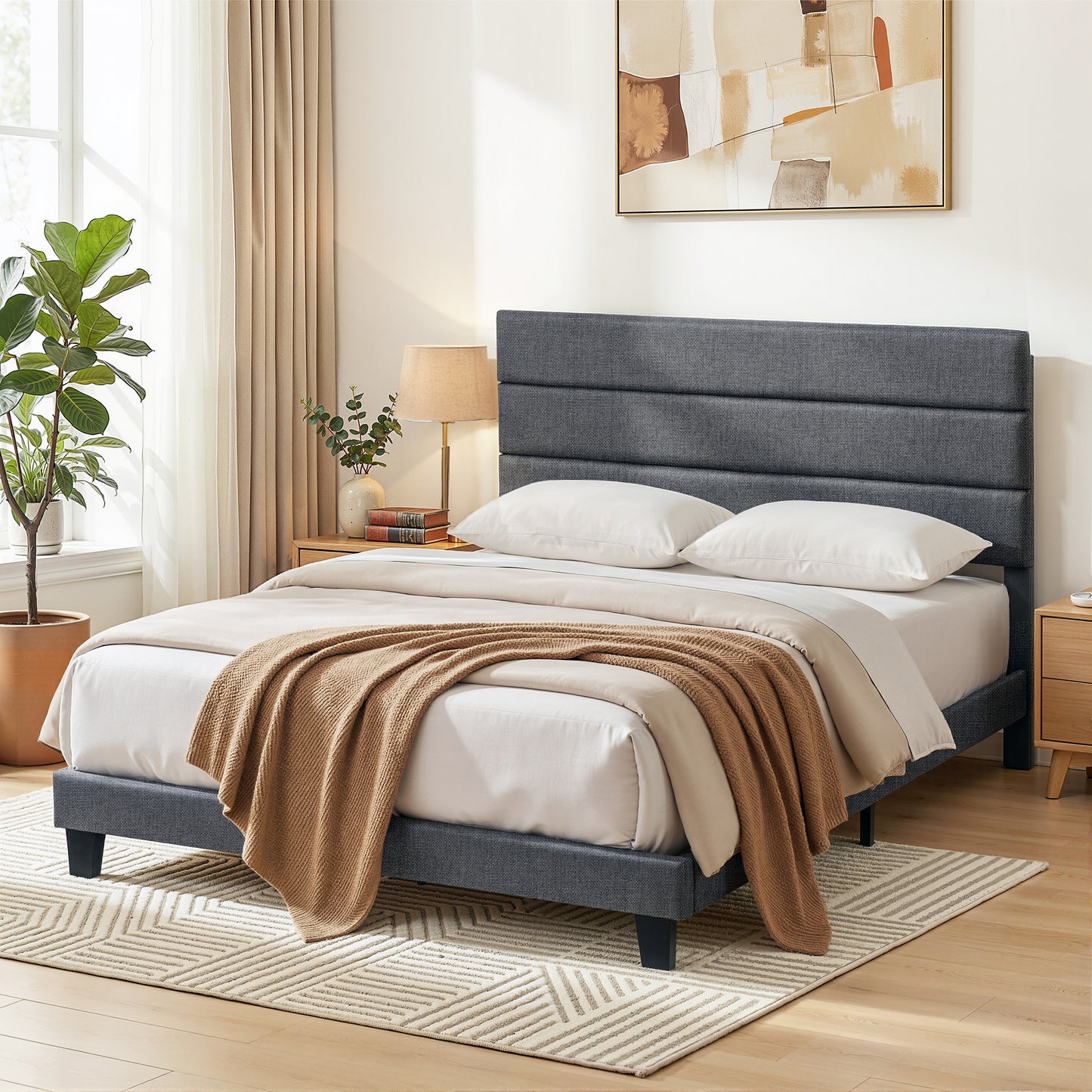 Double Bed Frame – Upholstered Platform with Geometric Charcoal Grey Linen Headboard