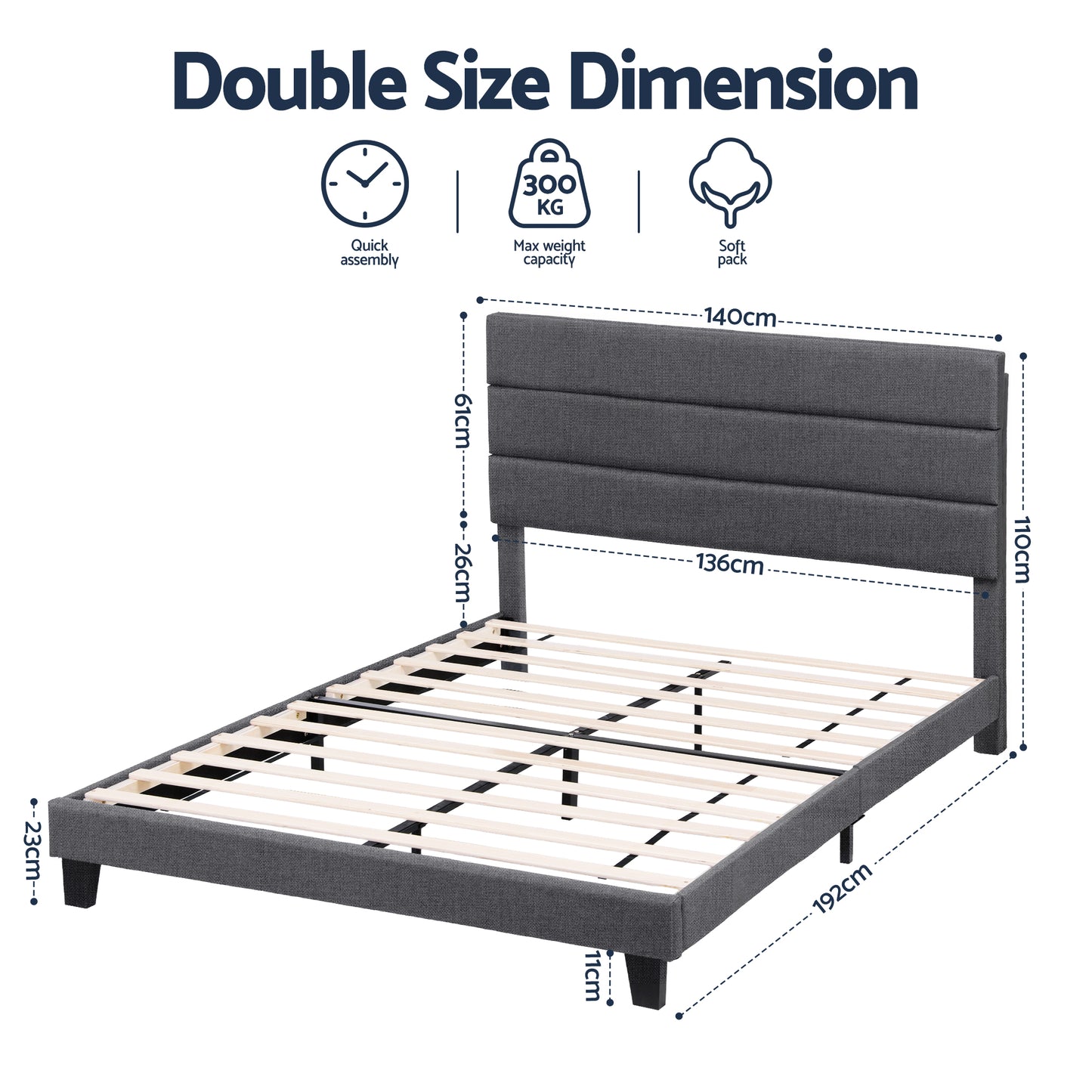 Double Bed Frame – Upholstered Platform with Geometric Charcoal Grey Linen Headboard