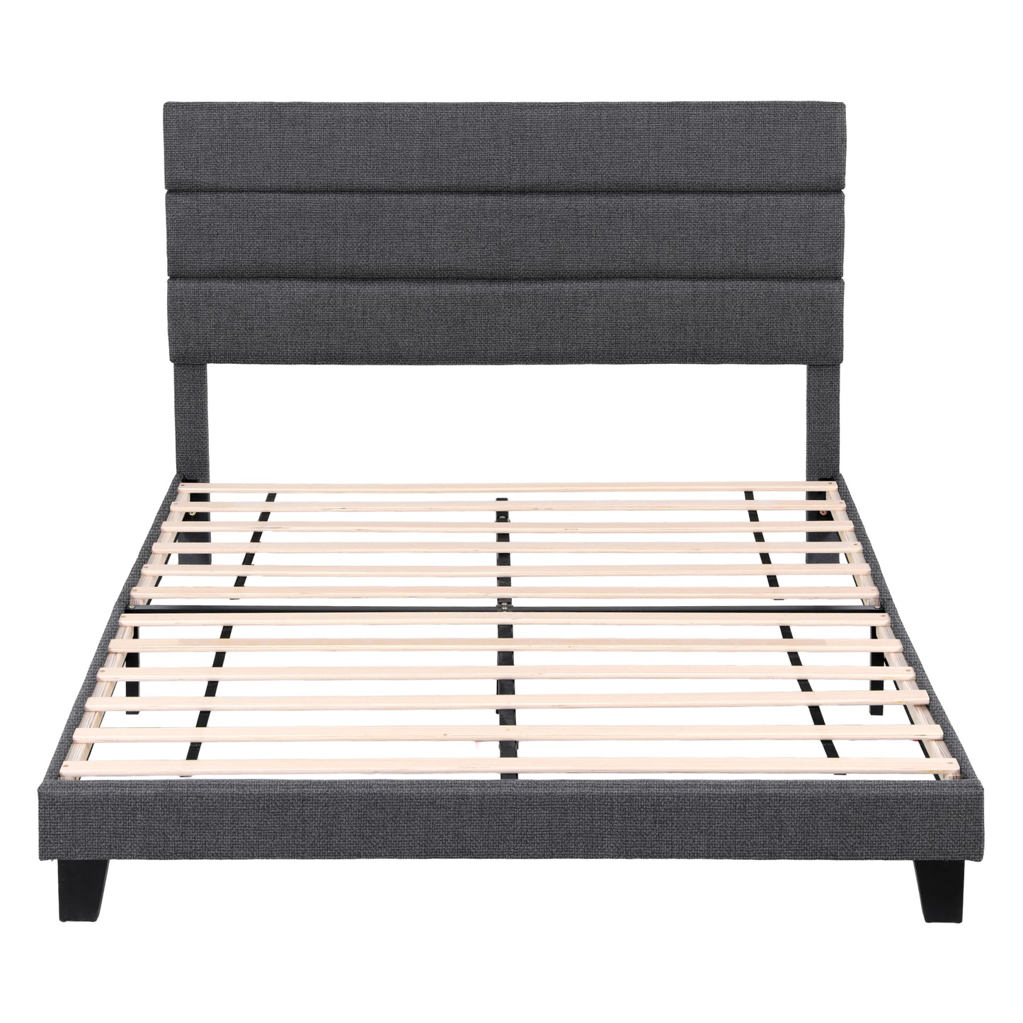 Double Bed Frame – Upholstered Platform with Geometric Charcoal Grey Linen Headboard