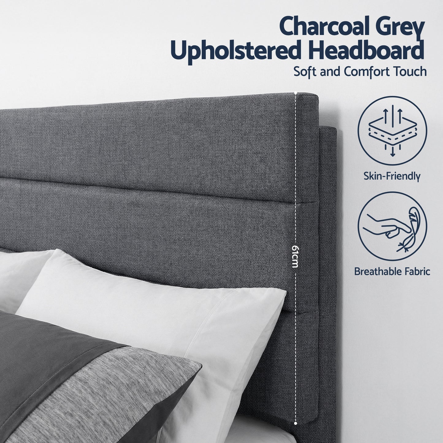Double Bed Frame – Upholstered Platform with Geometric Charcoal Grey Linen Headboard
