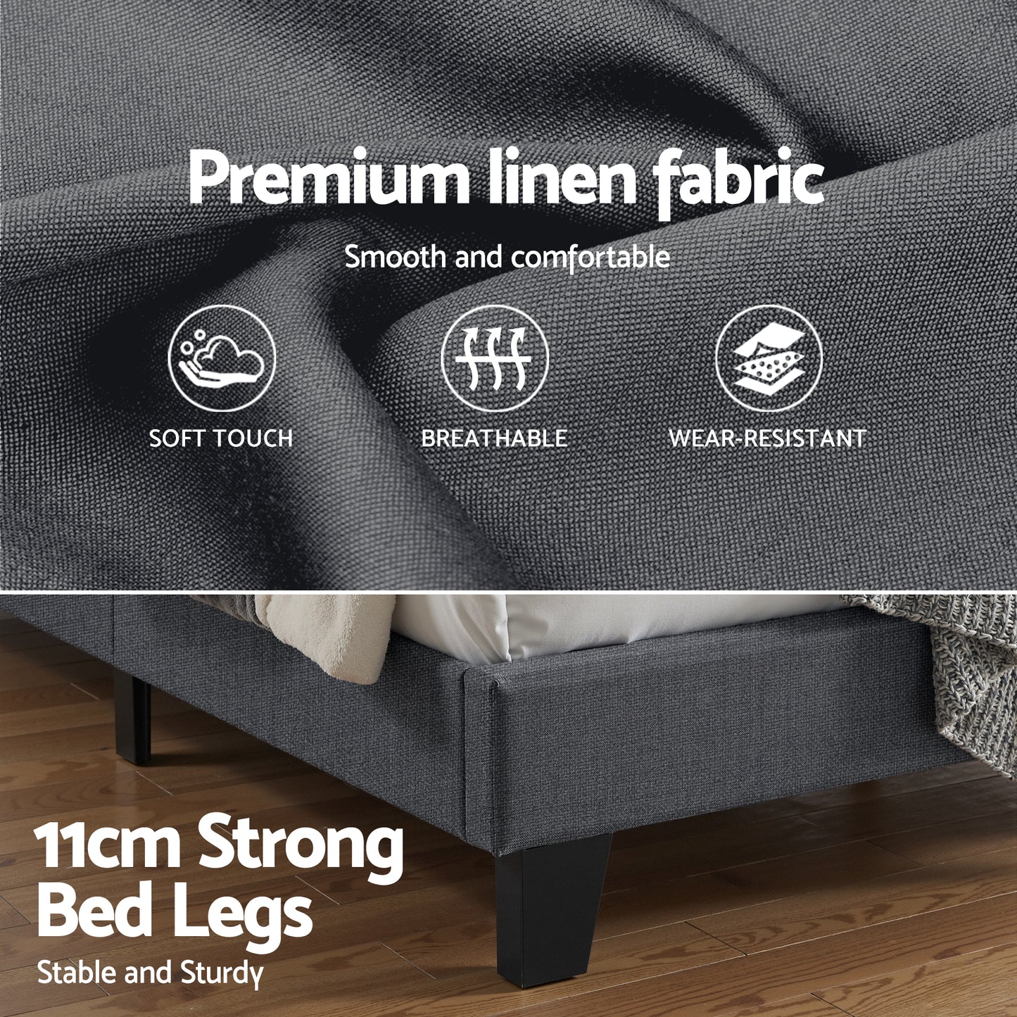 Double Bed Frame – Upholstered Platform with Geometric Charcoal Grey Linen Headboard
