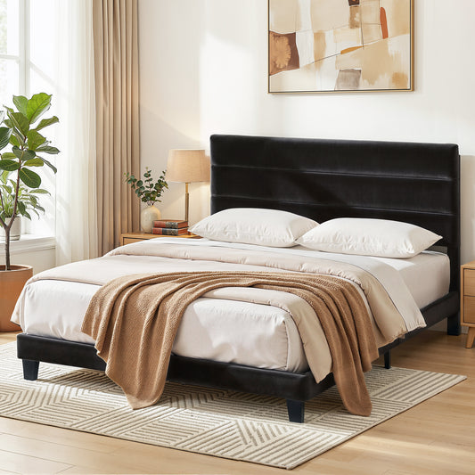 King Bed Frame – Black Velvet Upholstered Platform with Geometric Headboard