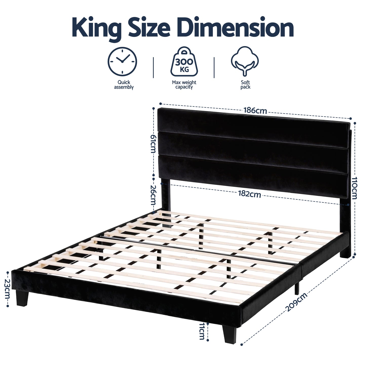 King Bed Frame – Black Velvet Upholstered Platform with Geometric Headboard