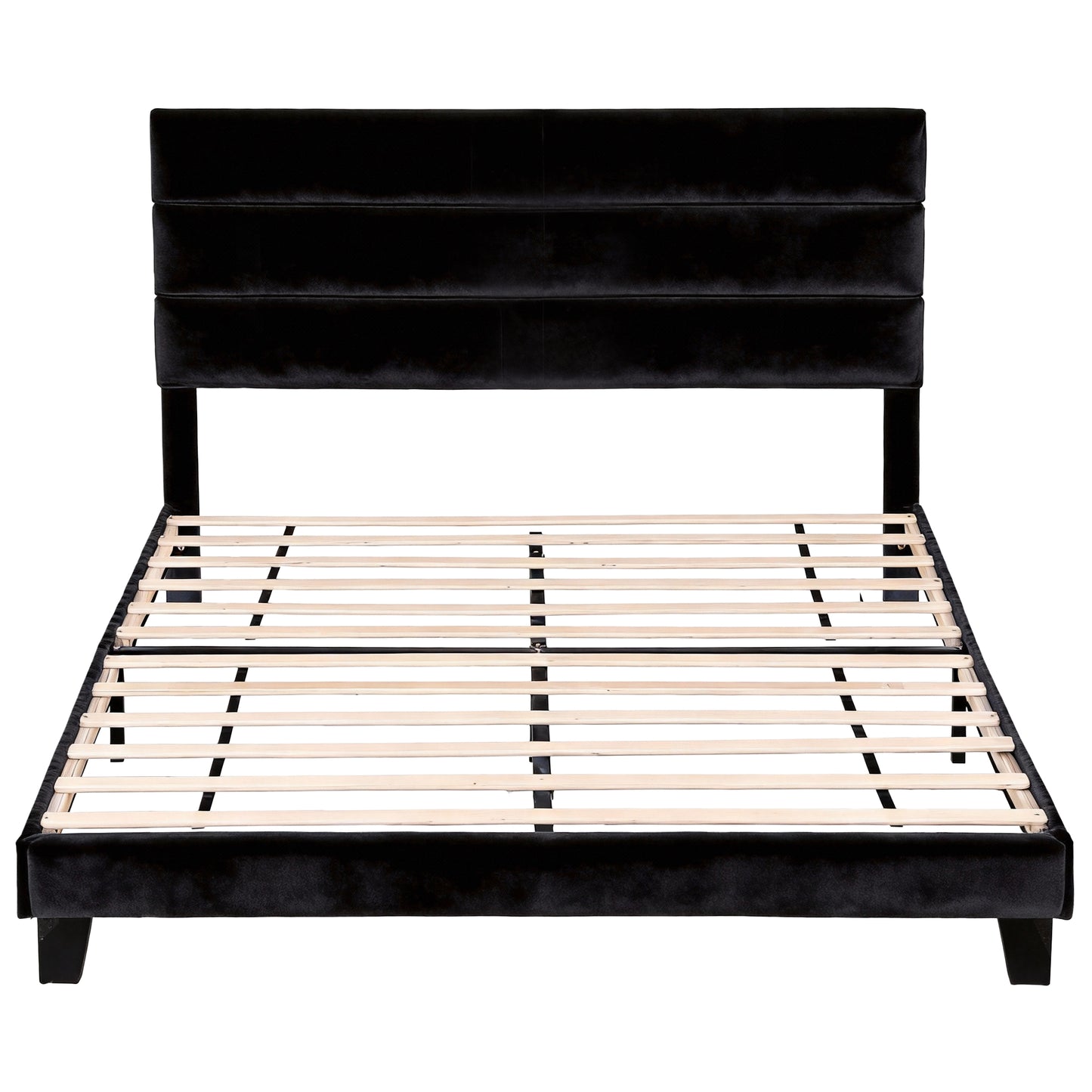 King Bed Frame – Black Velvet Upholstered Platform with Geometric Headboard