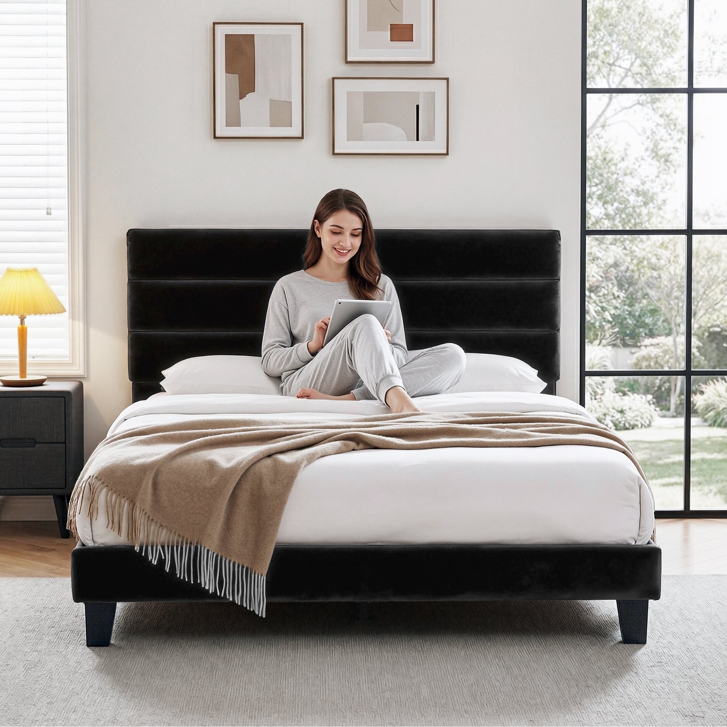 King Bed Frame – Black Velvet Upholstered Platform with Geometric Headboard