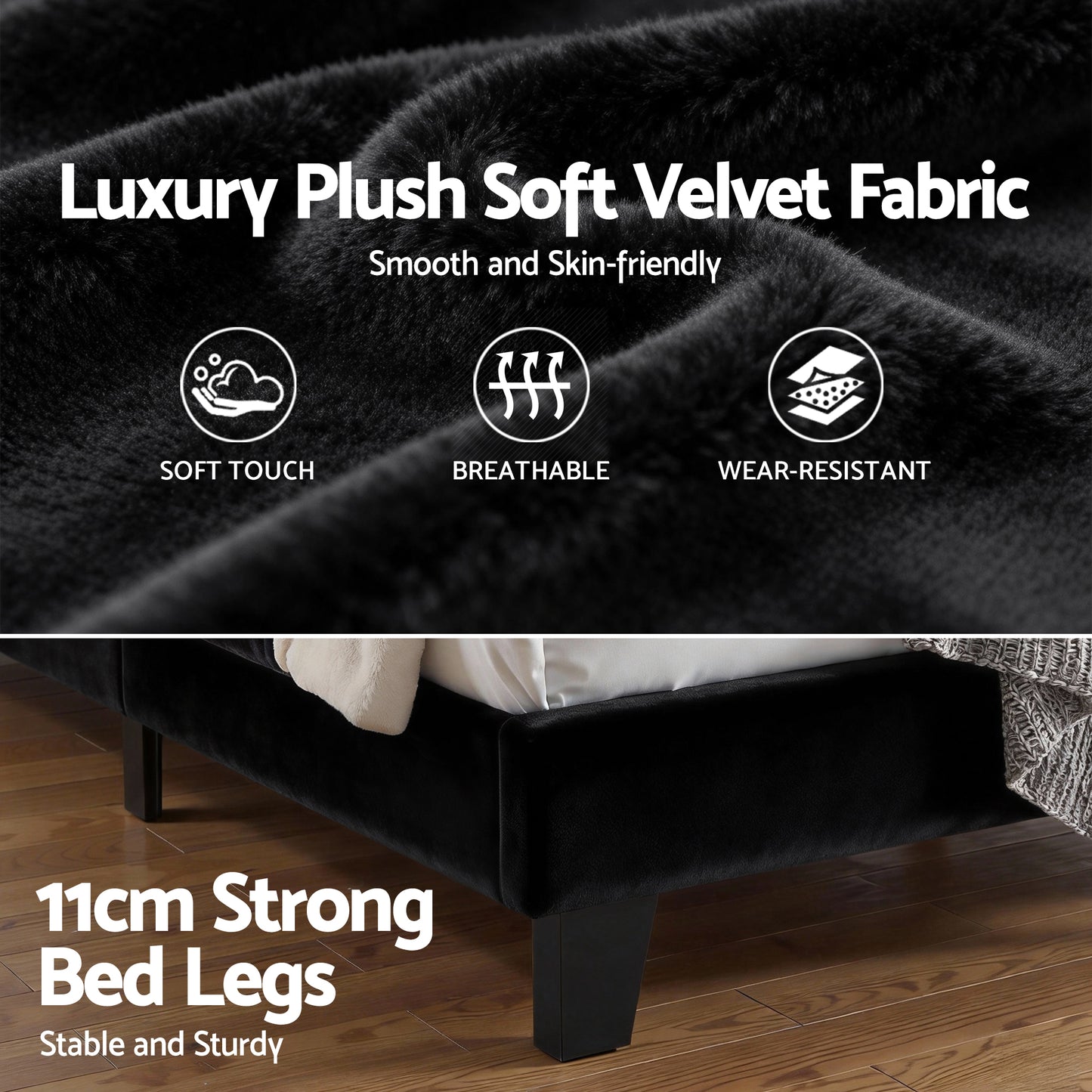 King Bed Frame – Black Velvet Upholstered Platform with Geometric Headboard