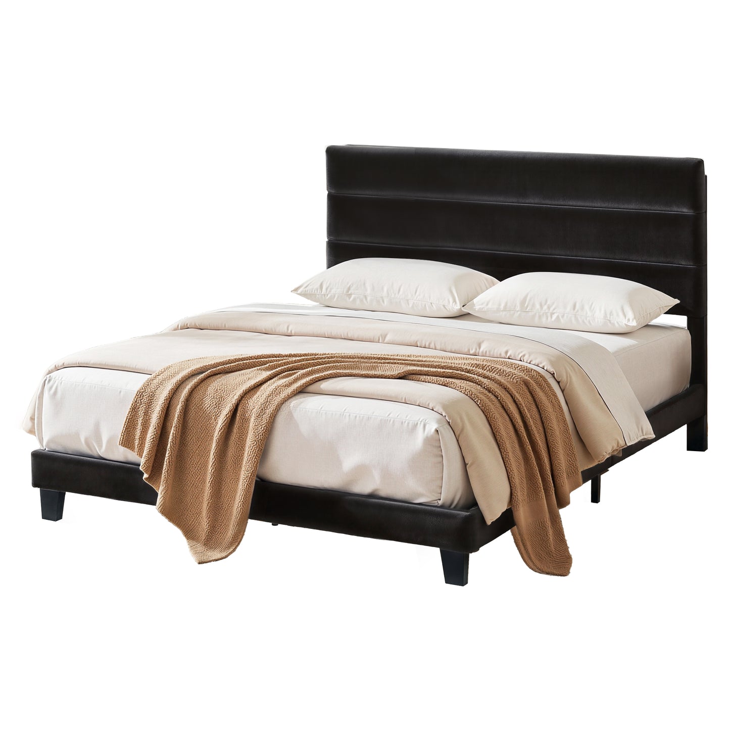 King Bed Frame – Black Velvet Upholstered Platform with Geometric Headboard