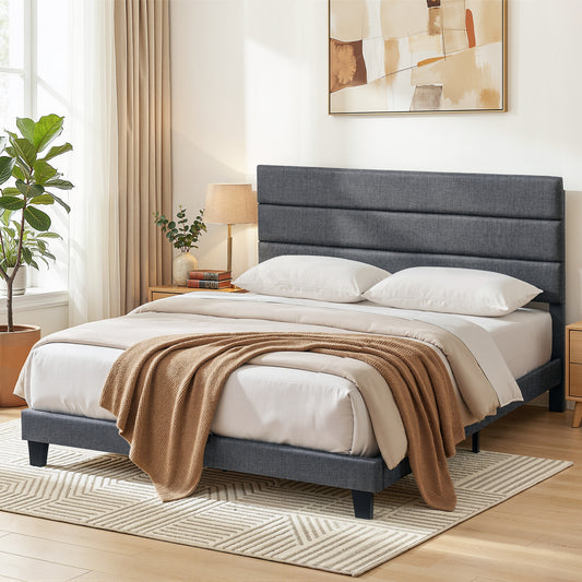 King Upholstered Bed Frame – Geometric Headboard, Charcoal Grey Linen, Platform Base