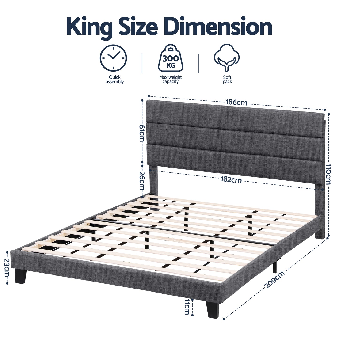 King Upholstered Bed Frame – Geometric Headboard, Charcoal Grey Linen, Platform Base