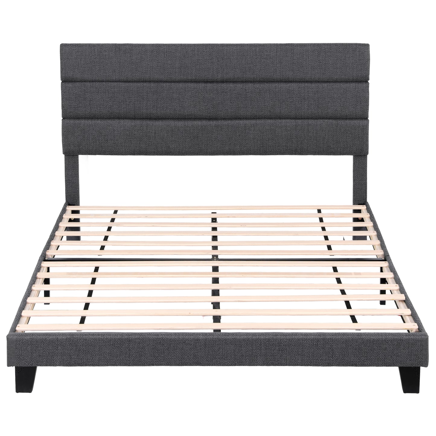 King Upholstered Bed Frame – Geometric Headboard, Charcoal Grey Linen, Platform Base