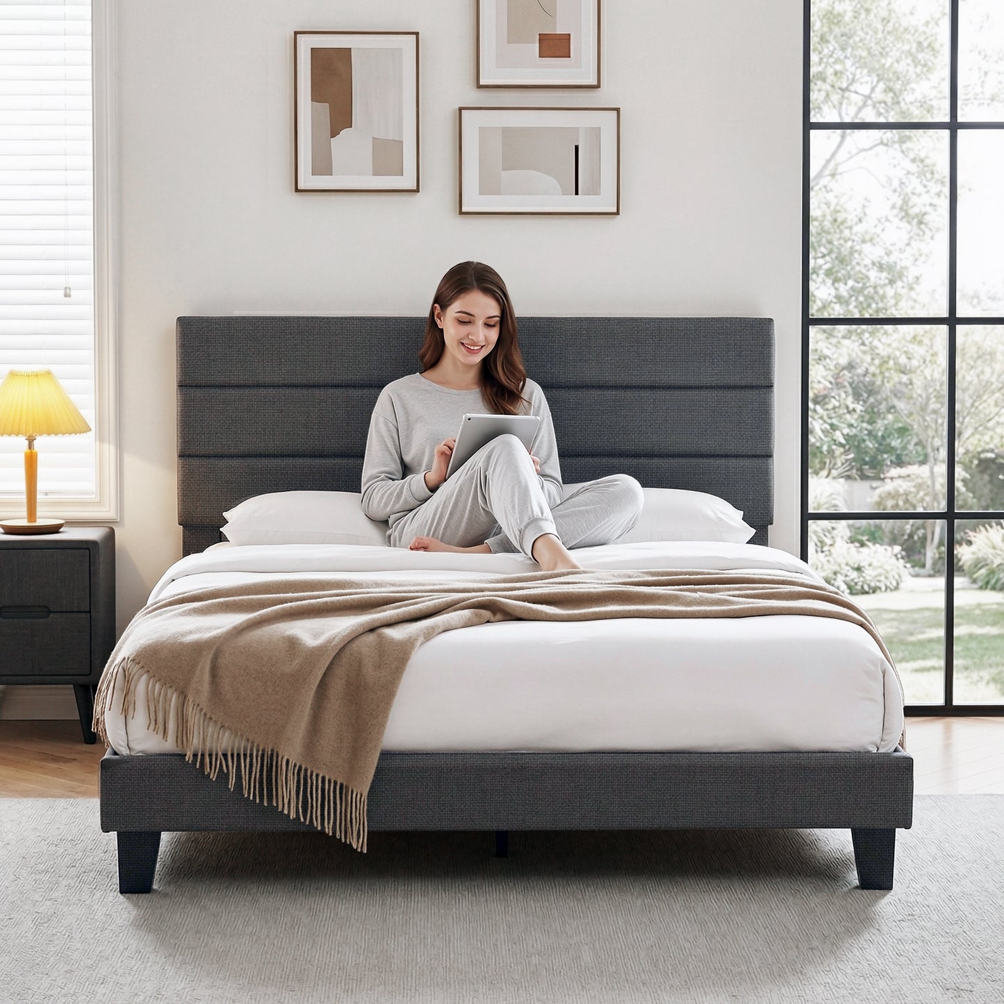 King Upholstered Bed Frame – Geometric Headboard, Charcoal Grey Linen, Platform Base