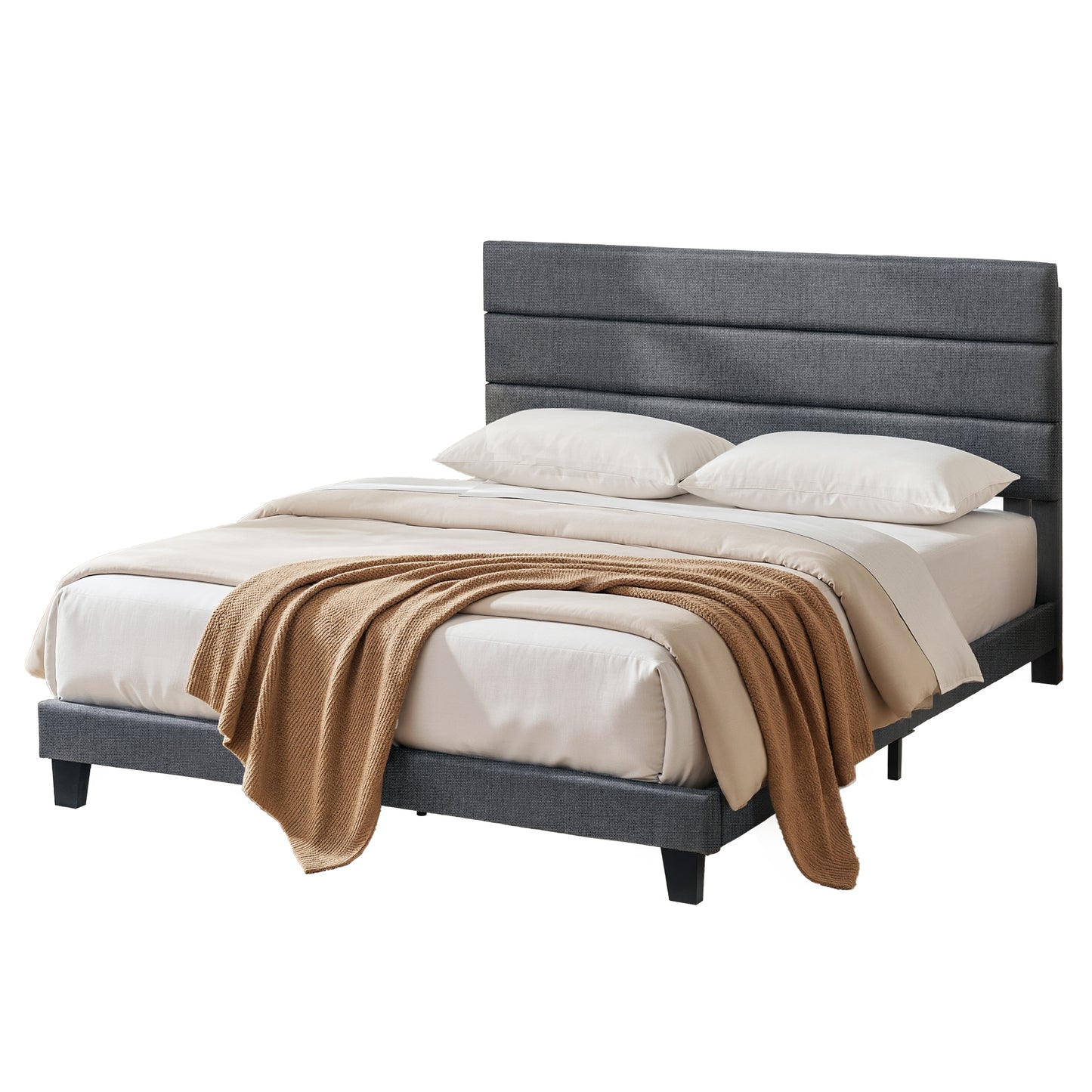 King Upholstered Bed Frame – Geometric Headboard, Charcoal Grey Linen, Platform Base