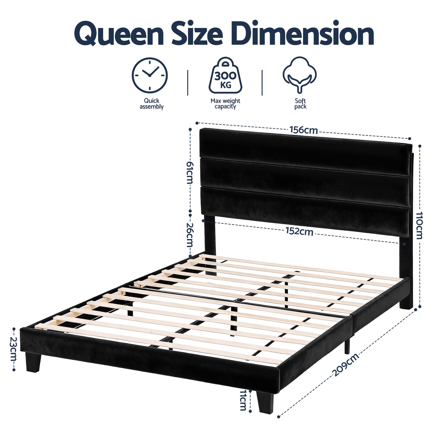 Queen Bed Frame – Black Velvet Upholstered Platform with Geometric Headboard