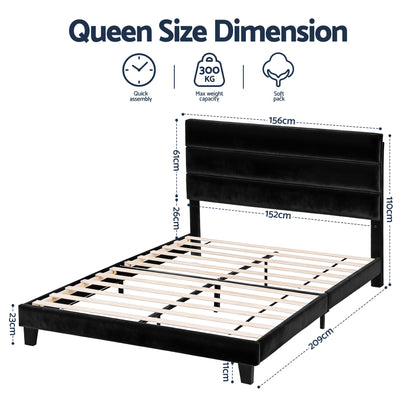 TWSC Queen Bed Frame Upholstered Platform Base with Geometric Headboard Black Velvet