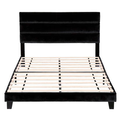 TWSC Queen Bed Frame Upholstered Platform Base with Geometric Headboard Black Velvet